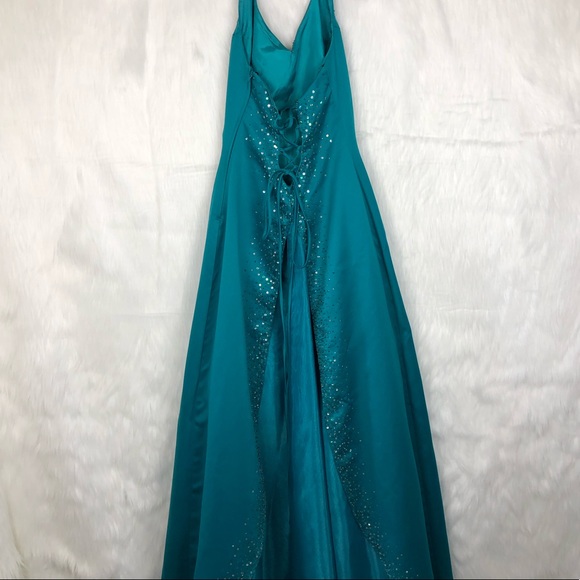 Masquerade Turquoise Beaded A-Line Prom Dress - Picture 1 of 10